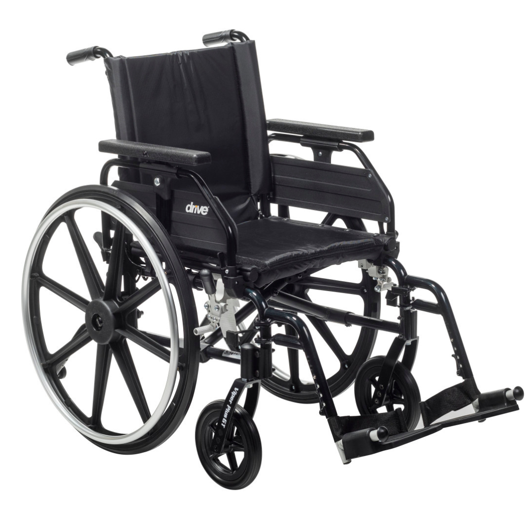 The Drive Viper Plus GT Wheelchair features a black lightweight aluminum frame, large rear wheels, small front wheels, Universal Armrests, footrests, and a padded seat with a reclining backrest.